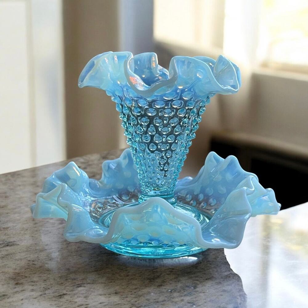 Vtg Fenton Opalescent Blue Hobnail 2-Piece Epergne Trumpet Flower Vase Pre 1970s